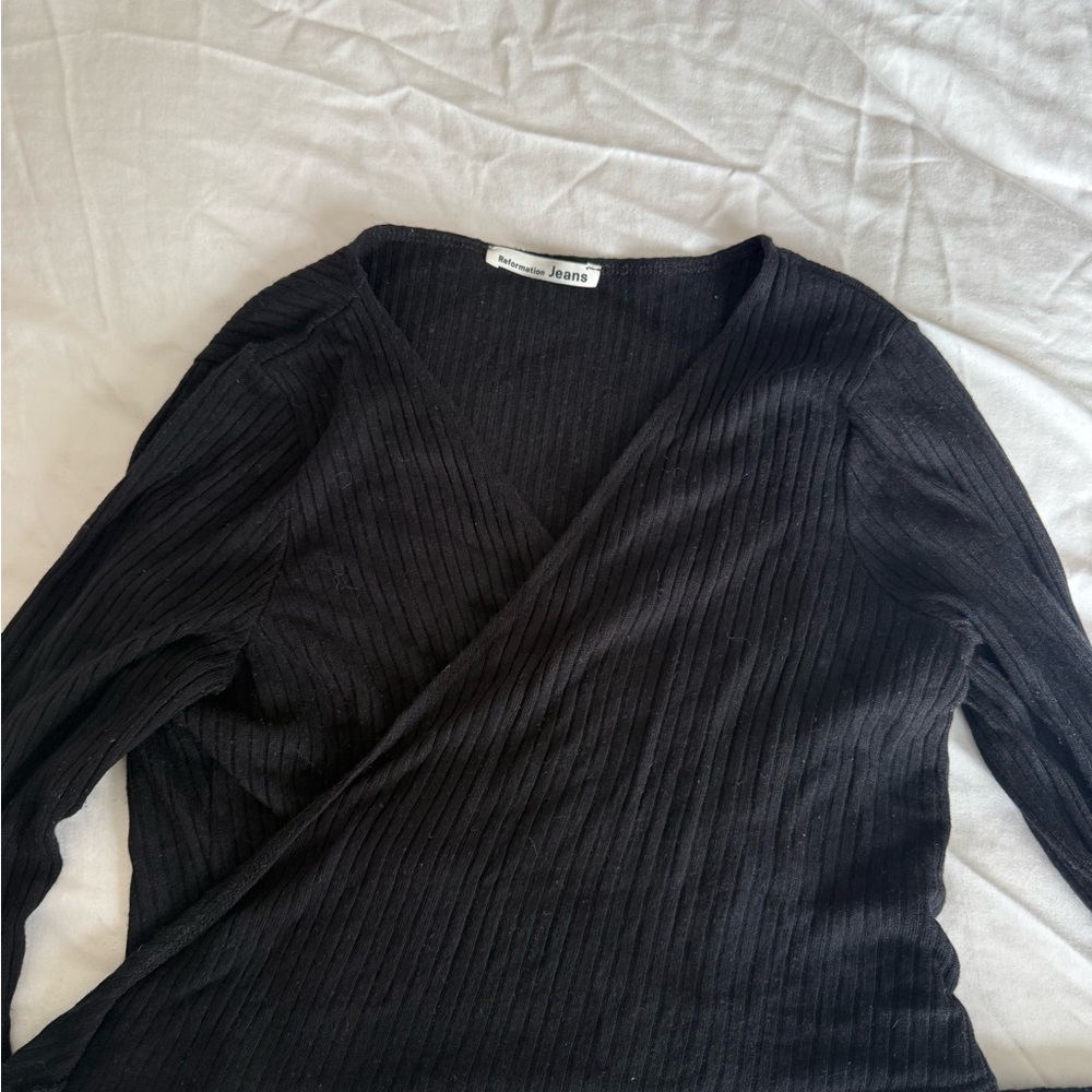 Black Ribbed Wrap Top—Reformation